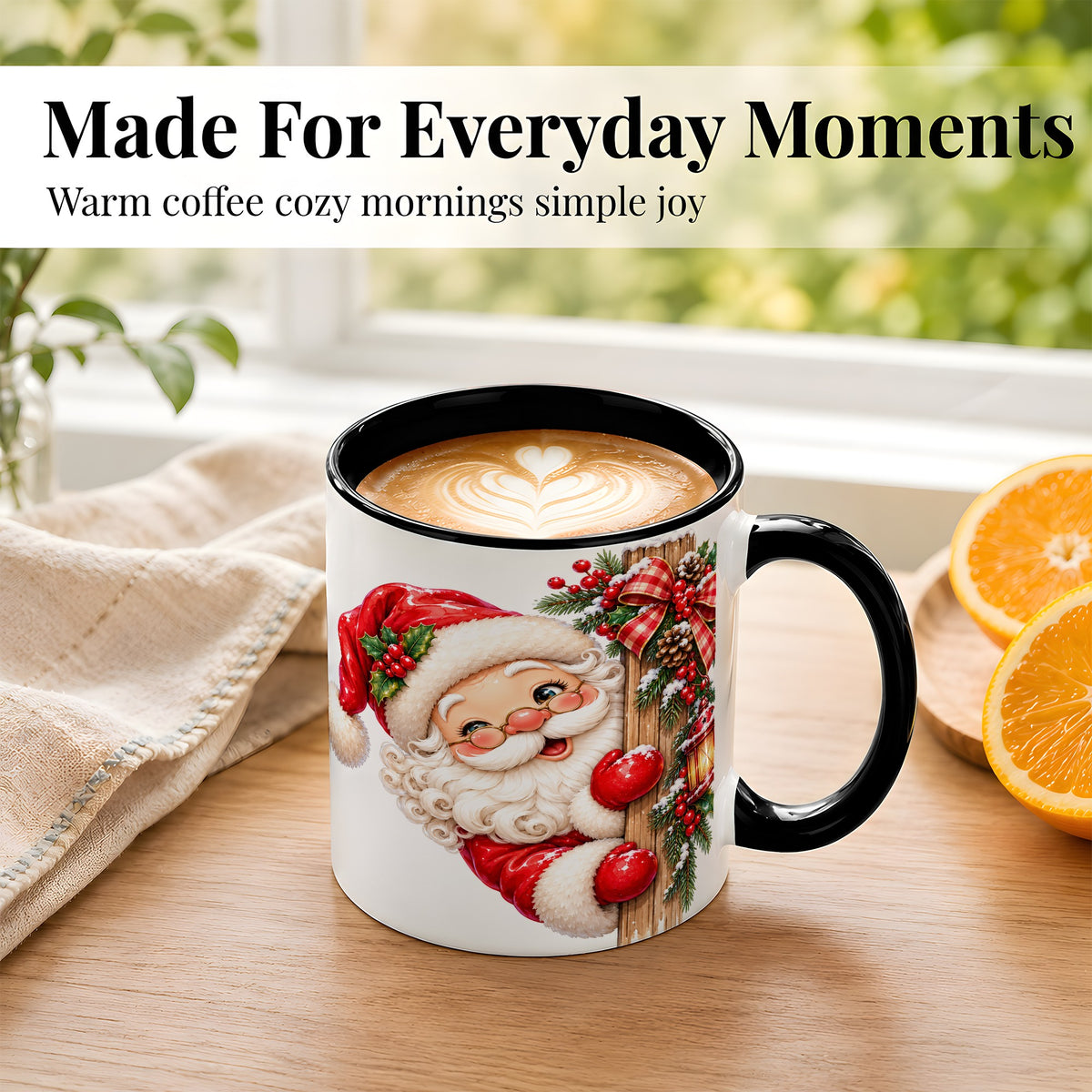 #pl[11oz|Black] Peeking Santa Coffee Mug, Rustic Christmas Mug, Ceramic Cup