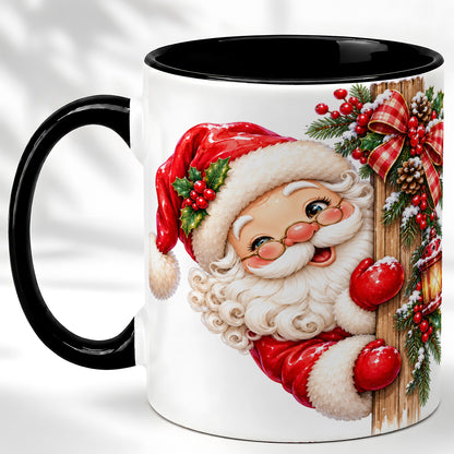 #pl[11oz|Black] Peeking Santa Coffee Mug, Rustic Christmas Mug, Ceramic Cup