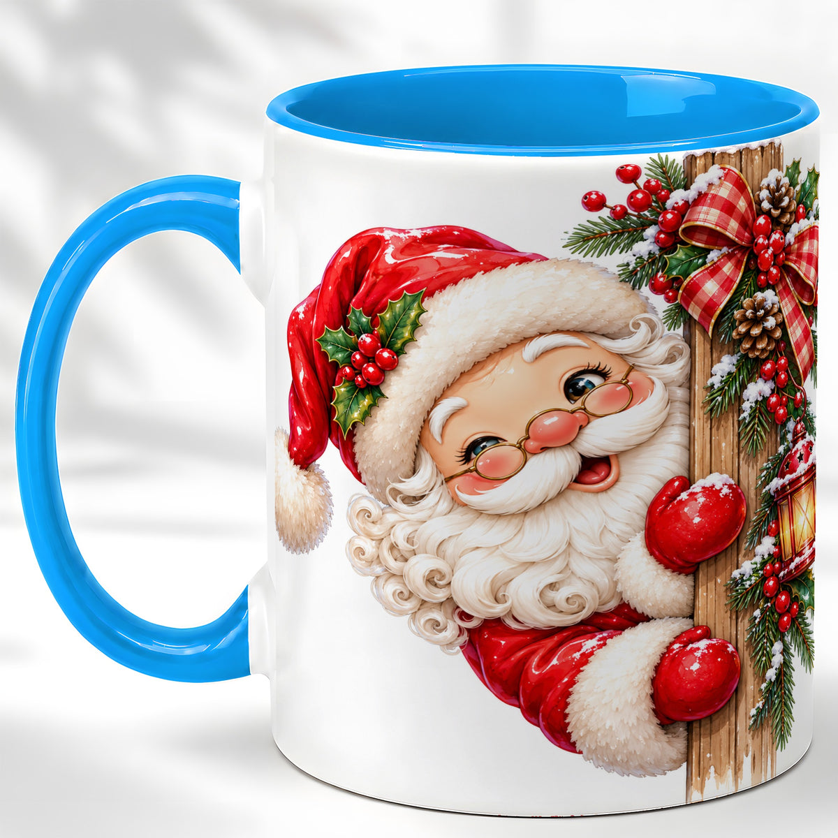 #pl[11oz|Blue] Peeking Santa Coffee Mug, Rustic Christmas Mug, Ceramic Cup