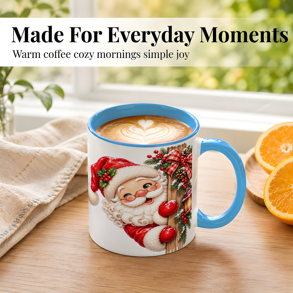 #pl[11oz|Blue] Peeking Santa Coffee Mug, Rustic Christmas Mug, Ceramic Cup