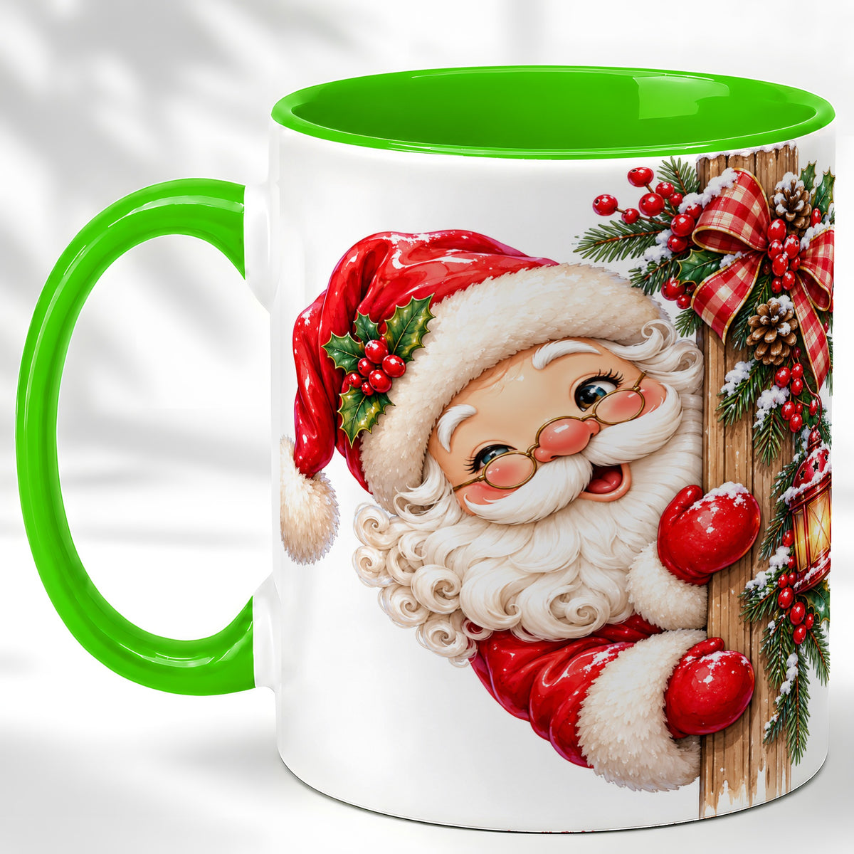 #pl[11oz|Green] Peeking Santa Coffee Mug, Rustic Christmas Mug, Ceramic Cup