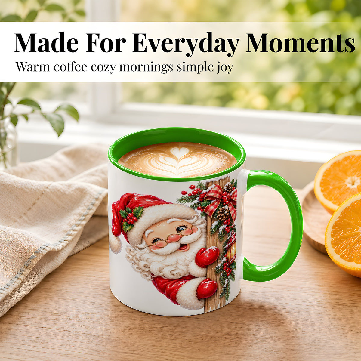 #pl[11oz|Green] Peeking Santa Coffee Mug, Rustic Christmas Mug, Ceramic Cup