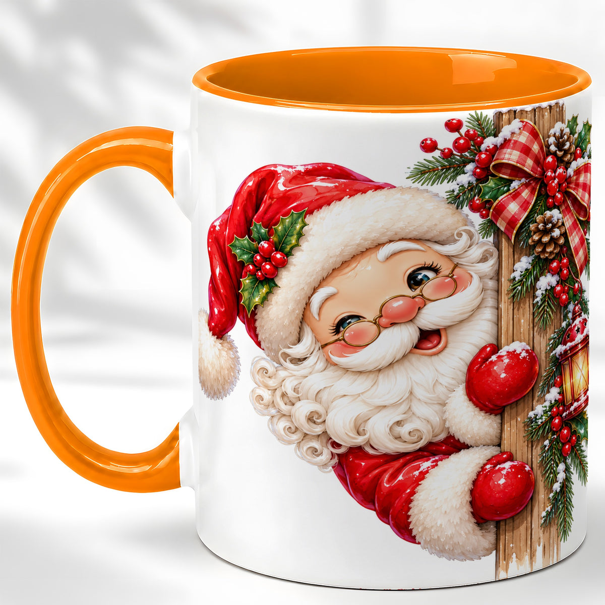 #pl[11oz|Orange] Peeking Santa Coffee Mug, Rustic Christmas Mug, Ceramic Cup