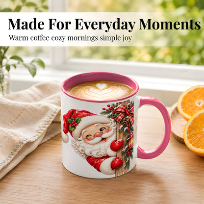 #pl[11oz|Pink] Peeking Santa Coffee Mug, Rustic Christmas Mug, Ceramic Cup