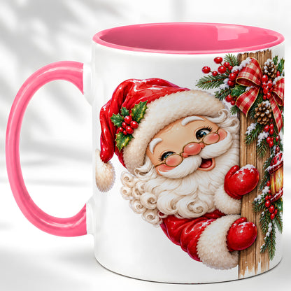 #pl[11oz|Pink] Peeking Santa Coffee Mug, Rustic Christmas Mug, Ceramic Cup