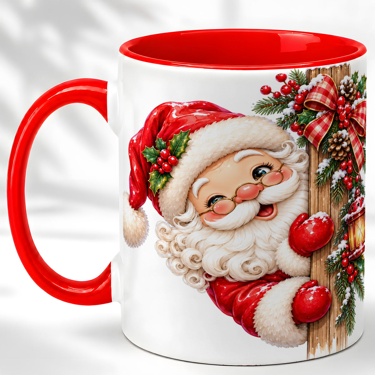 Peeking Santa Coffee Mug, Rustic Christmas Mug, Ceramic Cup