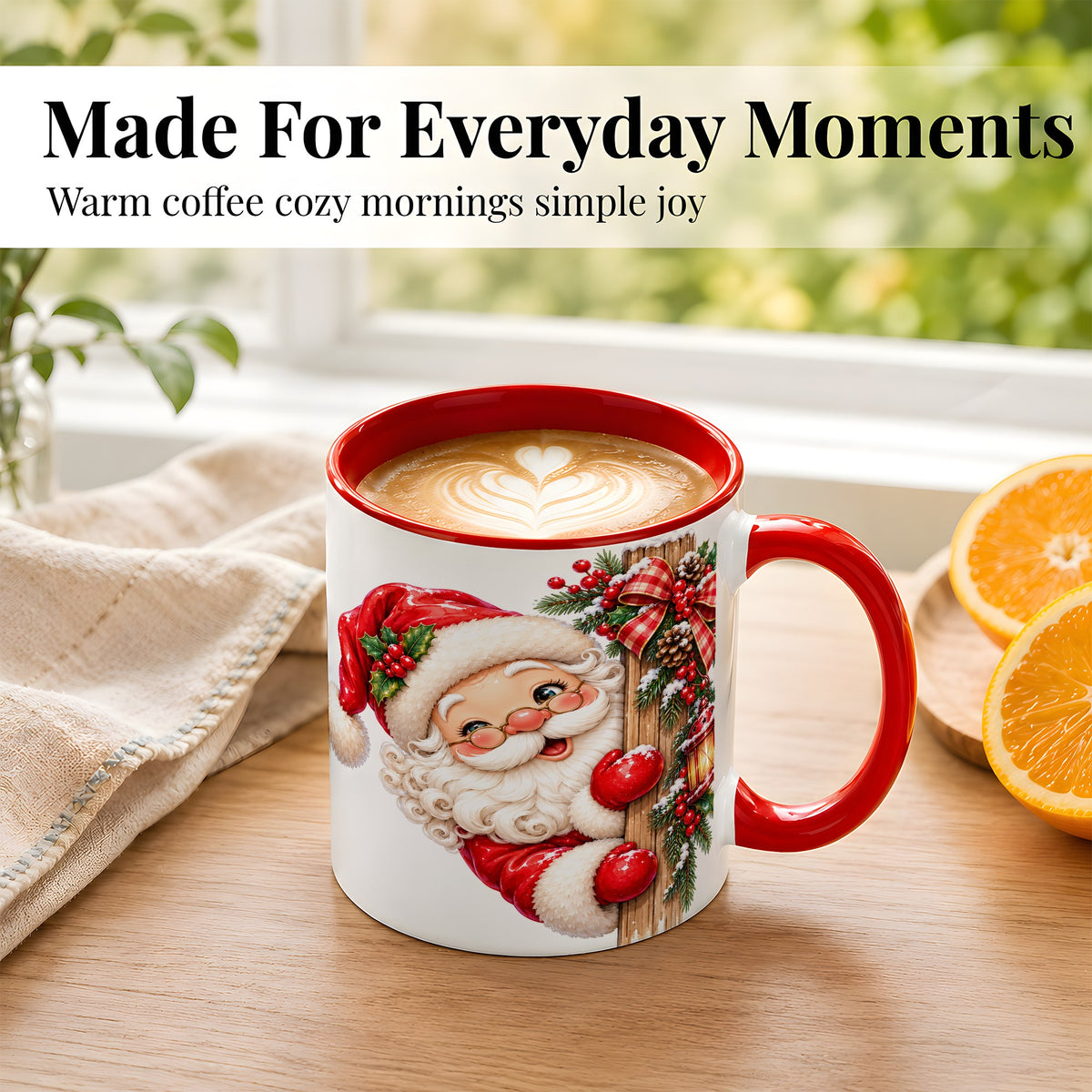 #pl[11oz|Red] Peeking Santa Coffee Mug, Rustic Christmas Mug, Ceramic Cup