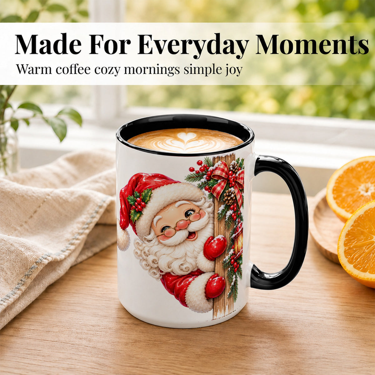 #pl[15oz|Black] Peeking Santa Coffee Mug, Rustic Christmas Mug, Ceramic Cup