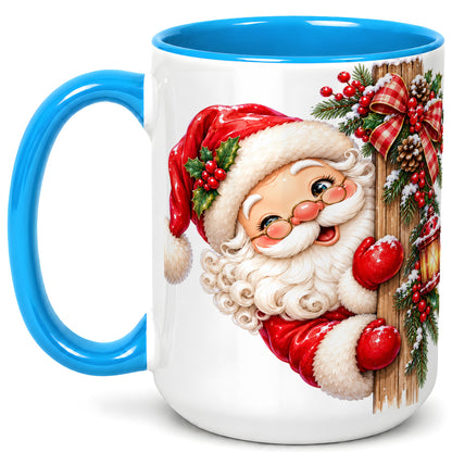 #pl[15oz|Blue] Peeking Santa Coffee Mug, Rustic Christmas Mug, Ceramic Cup