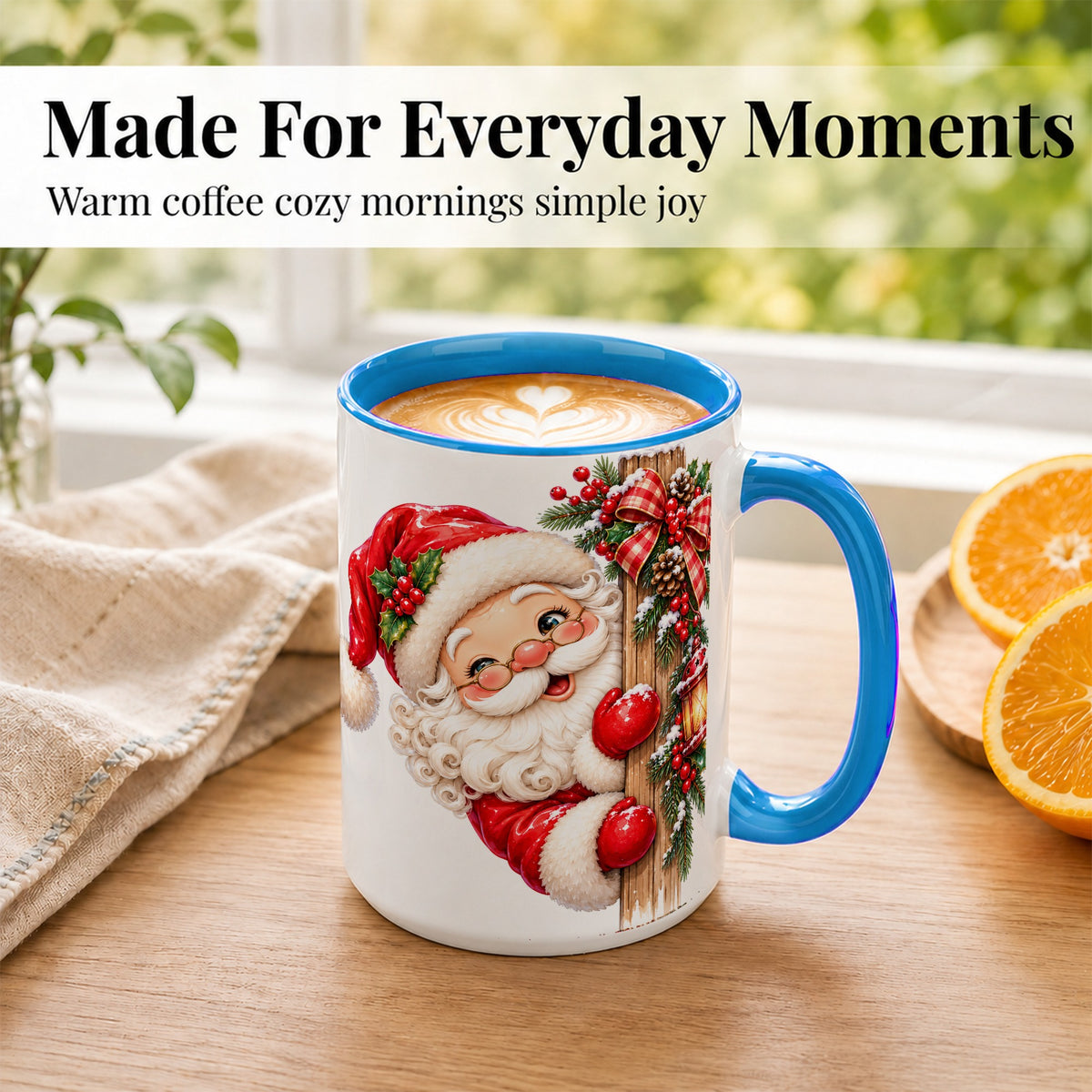 #pl[15oz|Blue] Peeking Santa Coffee Mug, Rustic Christmas Mug, Ceramic Cup