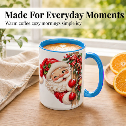 #pl[15oz|Blue] Peeking Santa Coffee Mug, Rustic Christmas Mug, Ceramic Cup