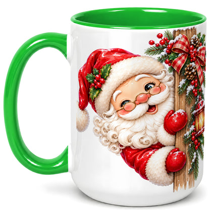 #pl[15oz|Green] Peeking Santa Coffee Mug, Rustic Christmas Mug, Ceramic Cup