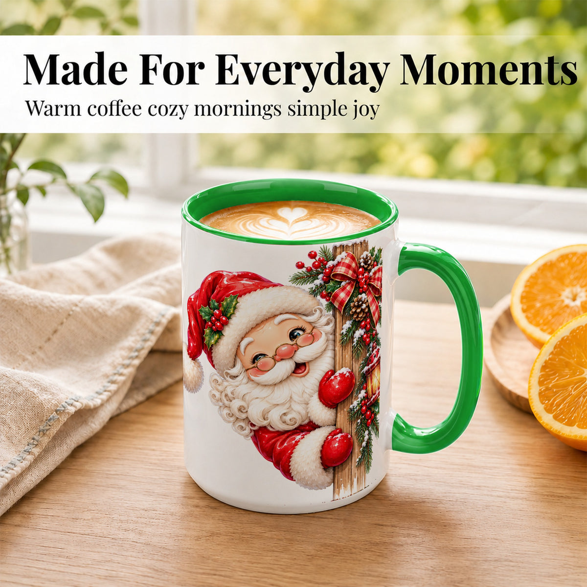 #pl[15oz|Green] Peeking Santa Coffee Mug, Rustic Christmas Mug, Ceramic Cup