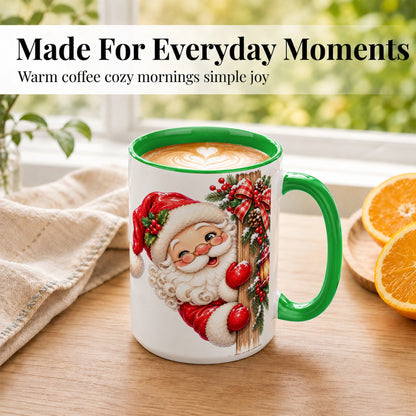 #pl[15oz|Green] Peeking Santa Coffee Mug, Rustic Christmas Mug, Ceramic Cup