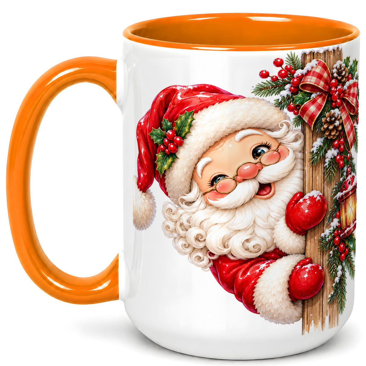 #pl[15oz|Orange] Peeking Santa Coffee Mug, Rustic Christmas Mug, Ceramic Cup