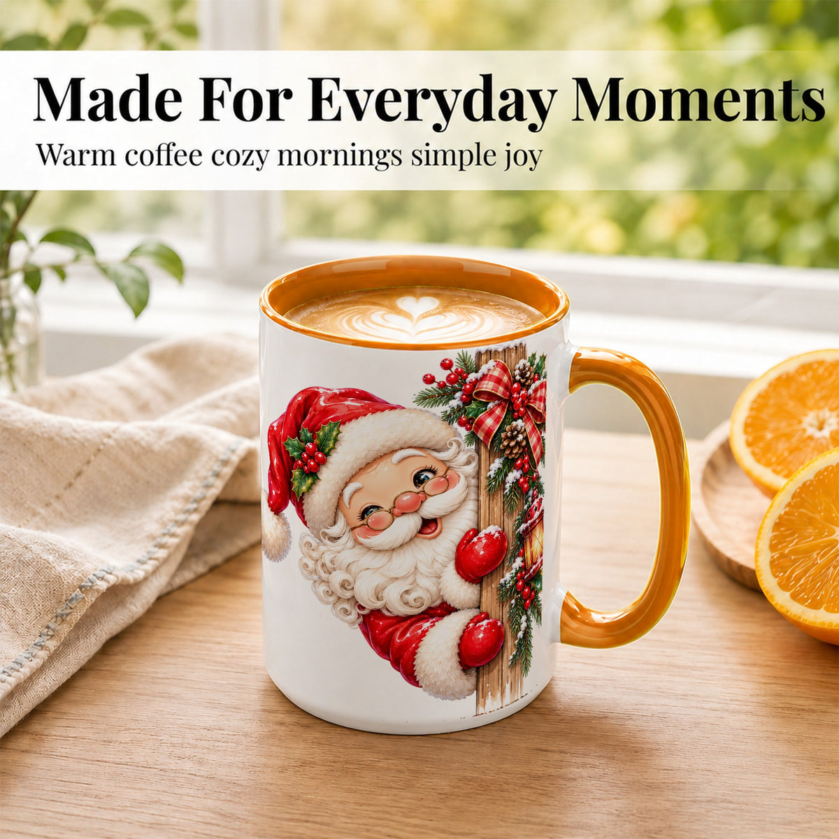 #pl[15oz|Orange] Peeking Santa Coffee Mug, Rustic Christmas Mug, Ceramic Cup