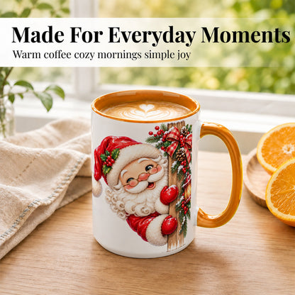 #pl[15oz|Orange] Peeking Santa Coffee Mug, Rustic Christmas Mug, Ceramic Cup