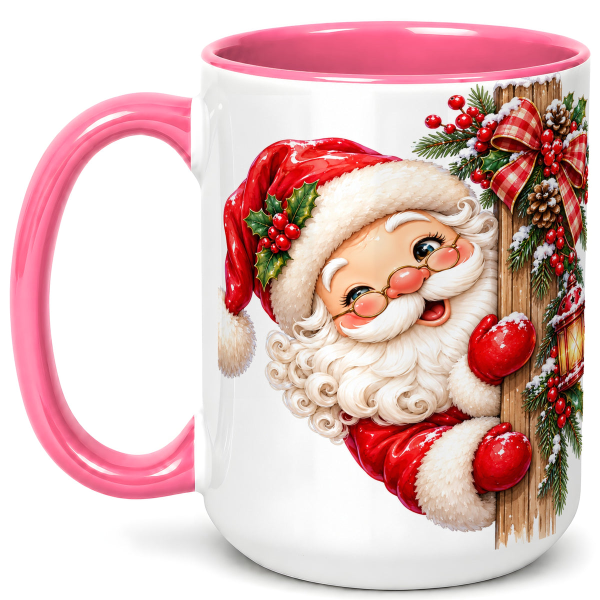 #pl[15oz|Pink] Peeking Santa Coffee Mug, Rustic Christmas Mug, Ceramic Cup