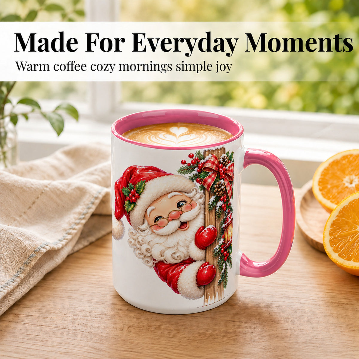 #pl[15oz|Pink] Peeking Santa Coffee Mug, Rustic Christmas Mug, Ceramic Cup