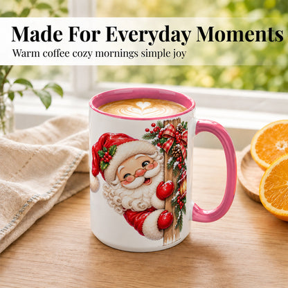 #pl[15oz|Pink] Peeking Santa Coffee Mug, Rustic Christmas Mug, Ceramic Cup