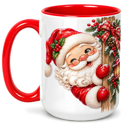 #pl[15oz|Red] Peeking Santa Coffee Mug, Rustic Christmas Mug, Ceramic Cup