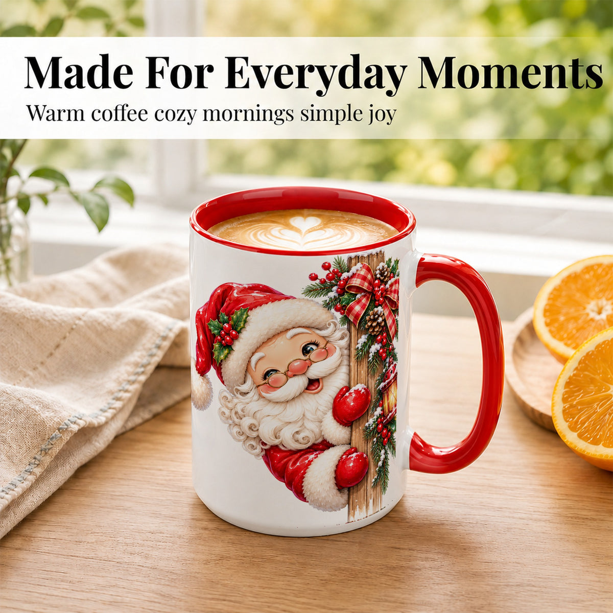 #pl[15oz|Red] Peeking Santa Coffee Mug, Rustic Christmas Mug, Ceramic Cup