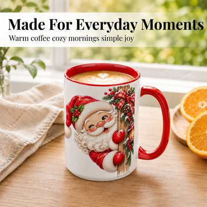 #pl[15oz|Red] Peeking Santa Coffee Mug, Rustic Christmas Mug, Ceramic Cup