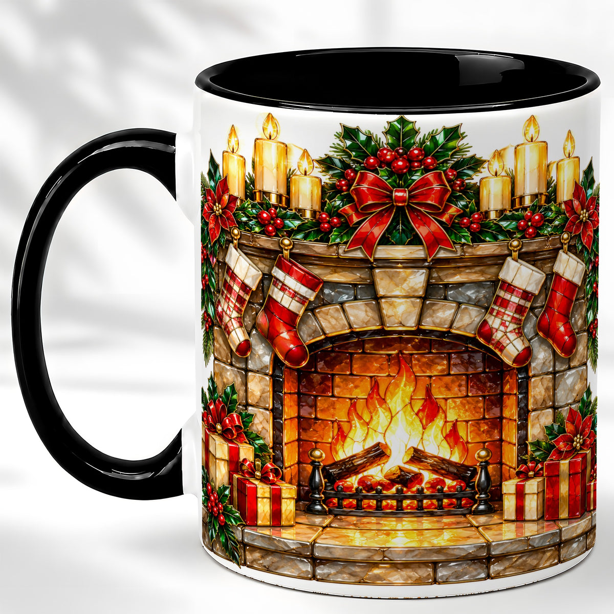 #pl[11oz|Black] Christmas Fireplace Coffee Mug, Holiday Hearth Mug, Ceramic Cup