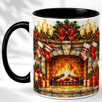 #pl[11oz|Black] Christmas Fireplace Coffee Mug, Holiday Hearth Mug, Ceramic Cup