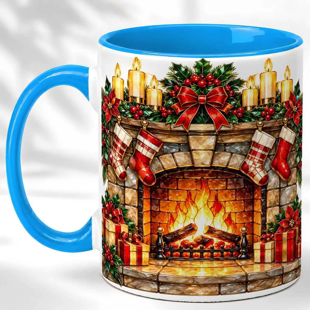 #pl[11oz|Blue] Christmas Fireplace Coffee Mug, Holiday Hearth Mug, Ceramic Cup