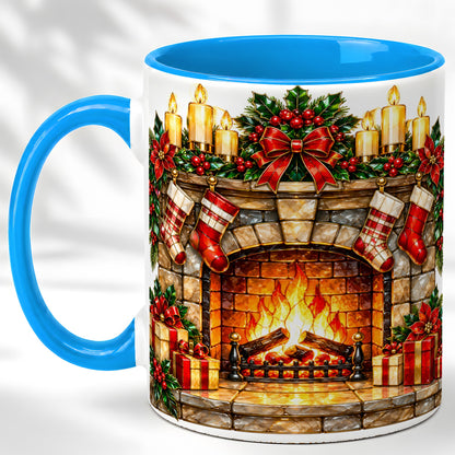 #pl[11oz|Blue] Christmas Fireplace Coffee Mug, Holiday Hearth Mug, Ceramic Cup