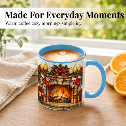 #pl[11oz|Blue] Christmas Fireplace Coffee Mug, Holiday Hearth Mug, Ceramic Cup
