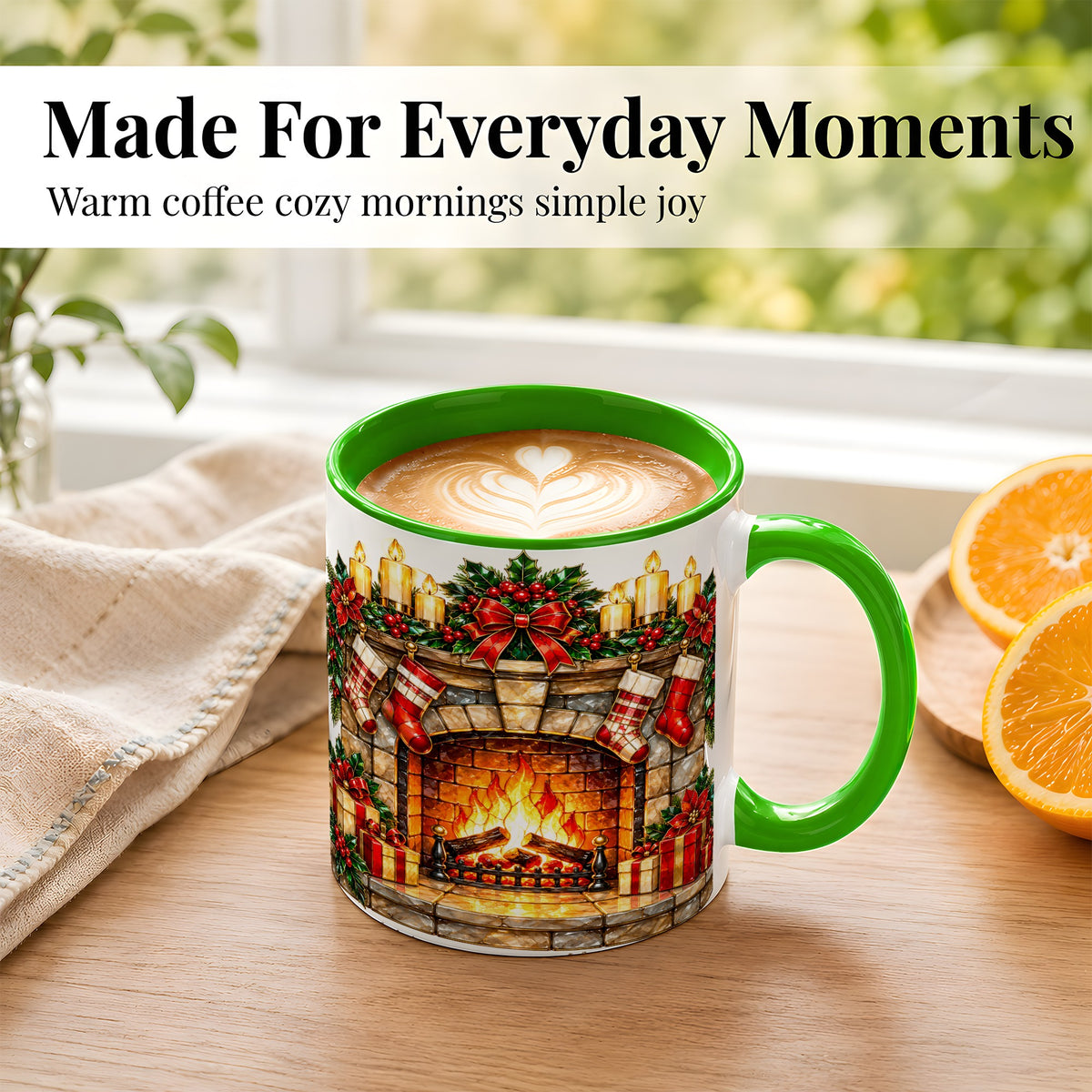 #pl[11oz|Green] Christmas Fireplace Coffee Mug, Holiday Hearth Mug, Ceramic Cup