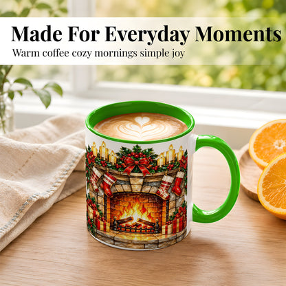 #pl[11oz|Green] Christmas Fireplace Coffee Mug, Holiday Hearth Mug, Ceramic Cup