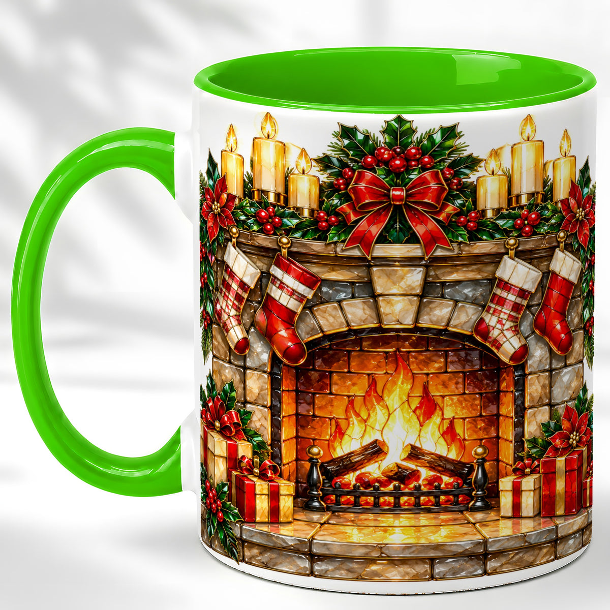 #pl[11oz|Green] Christmas Fireplace Coffee Mug, Holiday Hearth Mug, Ceramic Cup