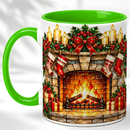 #pl[11oz|Green] Christmas Fireplace Coffee Mug, Holiday Hearth Mug, Ceramic Cup