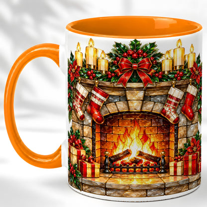 #pl[11oz|Orange] Christmas Fireplace Coffee Mug, Holiday Hearth Mug, Ceramic Cup