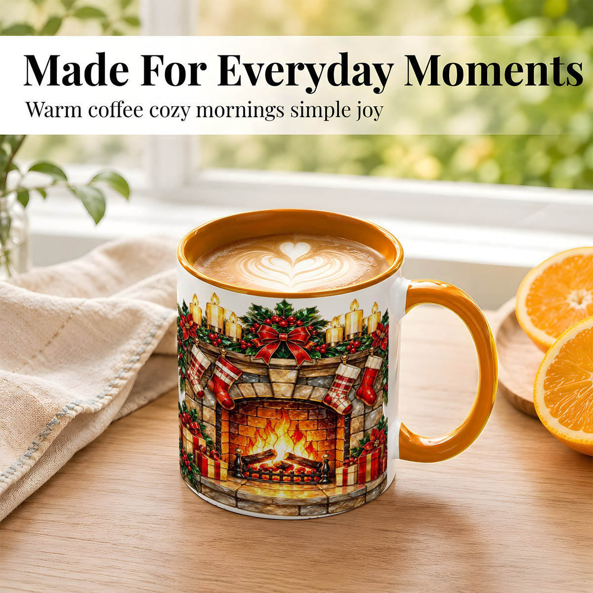 #pl[11oz|Orange] Christmas Fireplace Coffee Mug, Holiday Hearth Mug, Ceramic Cup