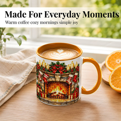 #pl[11oz|Orange] Christmas Fireplace Coffee Mug, Holiday Hearth Mug, Ceramic Cup