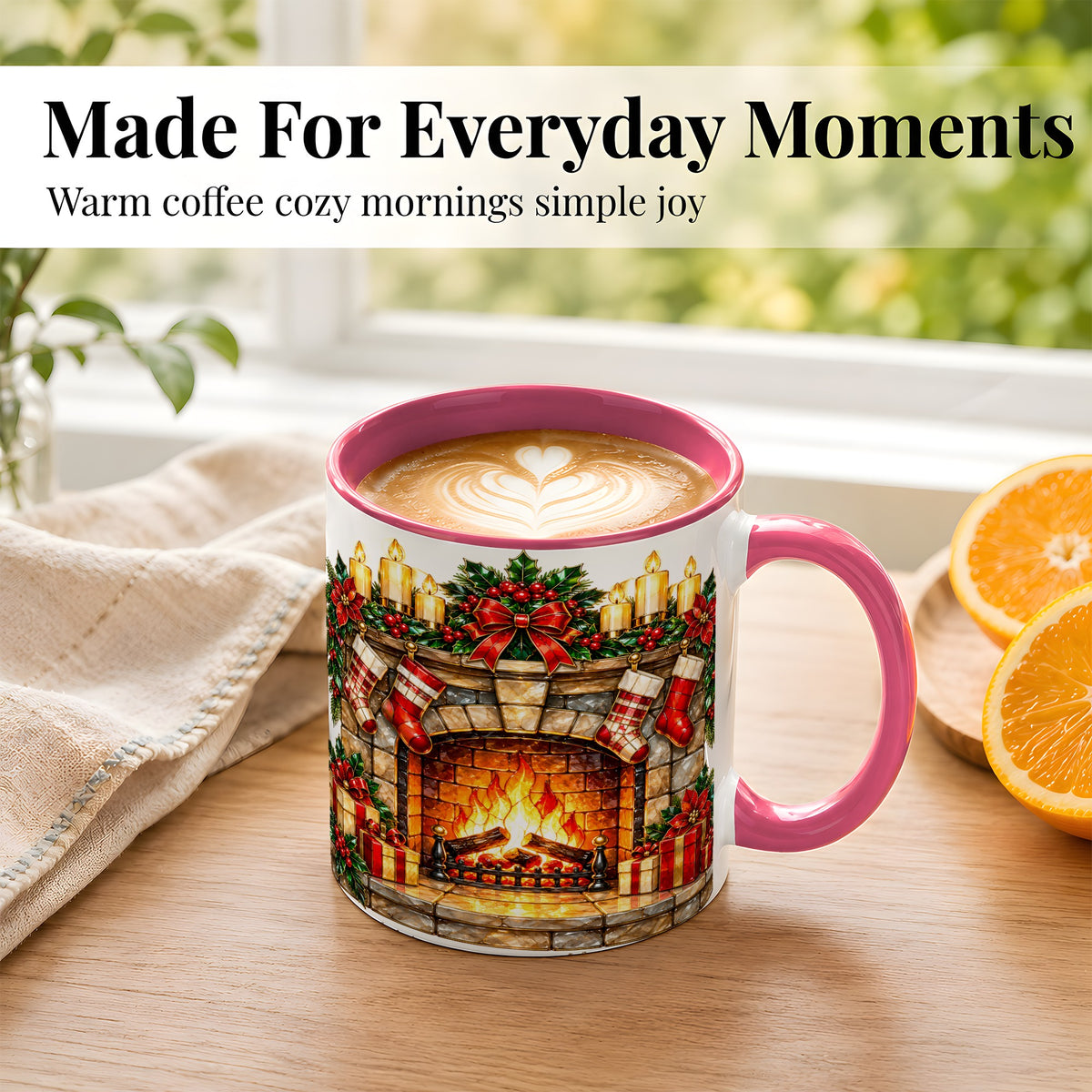 #pl[11oz|Pink] Christmas Fireplace Coffee Mug, Holiday Hearth Mug, Ceramic Cup