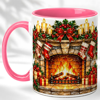 #pl[11oz|Pink] Christmas Fireplace Coffee Mug, Holiday Hearth Mug, Ceramic Cup