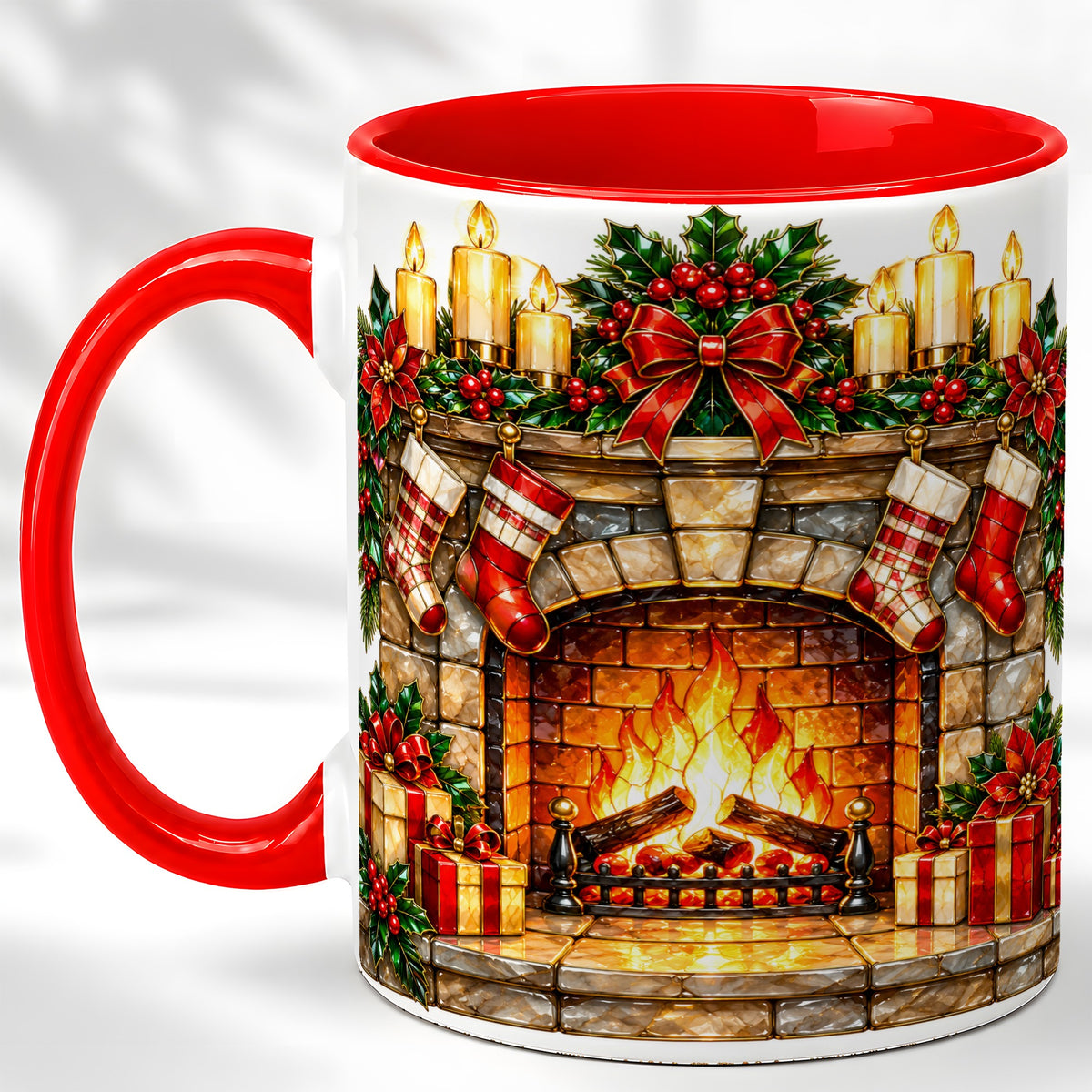 Christmas Fireplace Coffee Mug, Holiday Hearth Mug, Ceramic Cup
