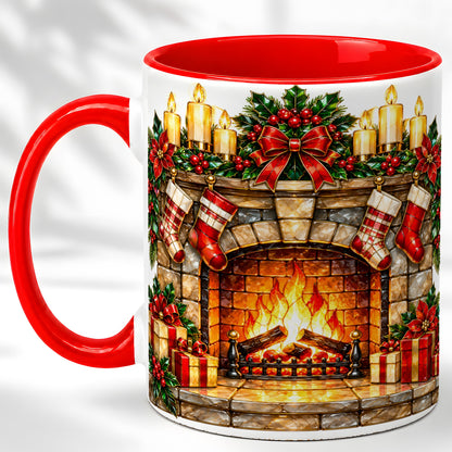 Christmas Fireplace Coffee Mug, Holiday Hearth Mug, Ceramic Cup