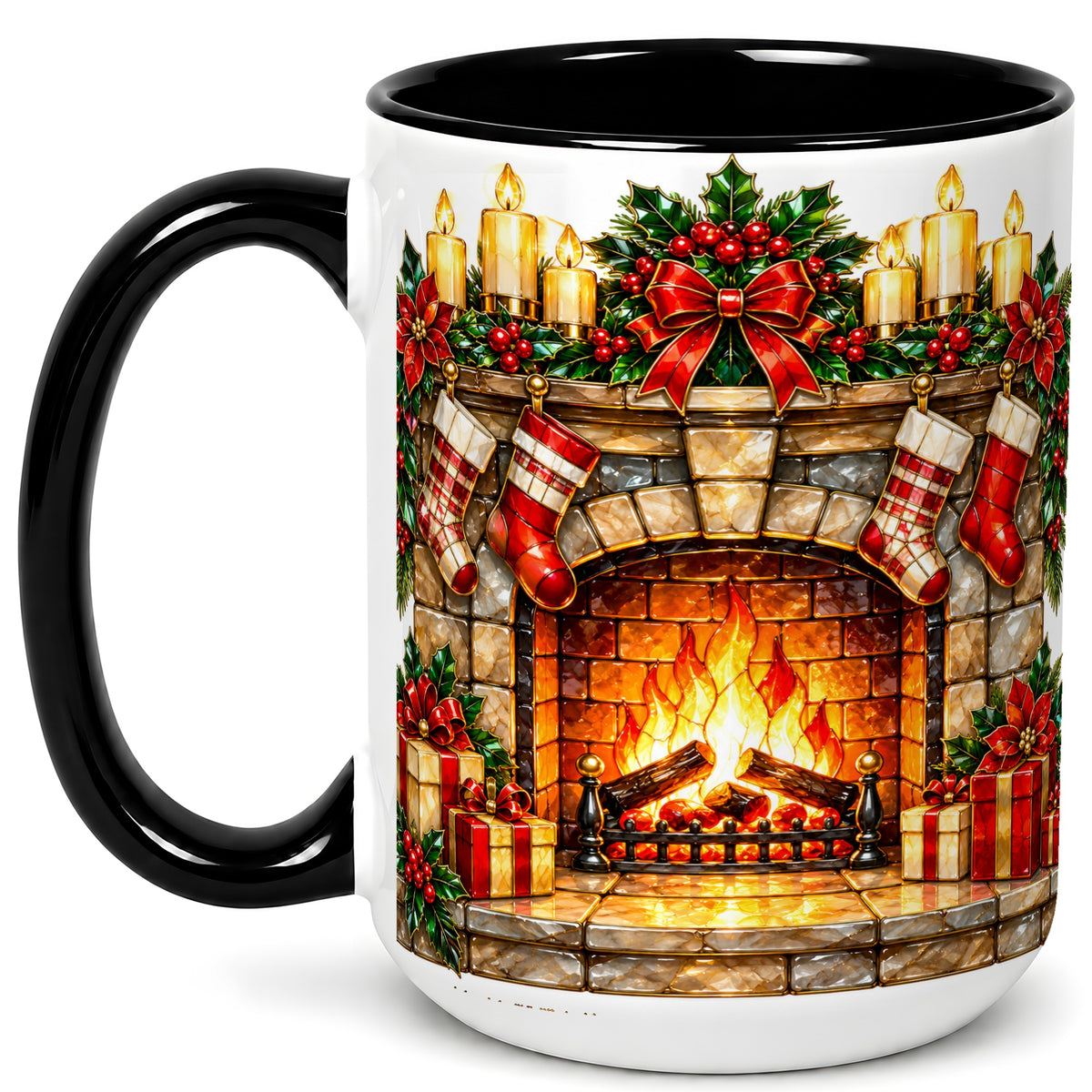 #pl[15oz|Black] Christmas Fireplace Coffee Mug, Holiday Hearth Mug, Ceramic Cup