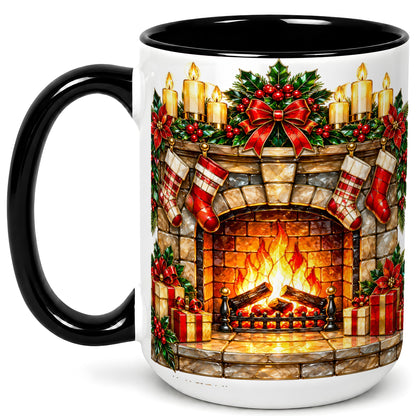 #pl[15oz|Black] Christmas Fireplace Coffee Mug, Holiday Hearth Mug, Ceramic Cup