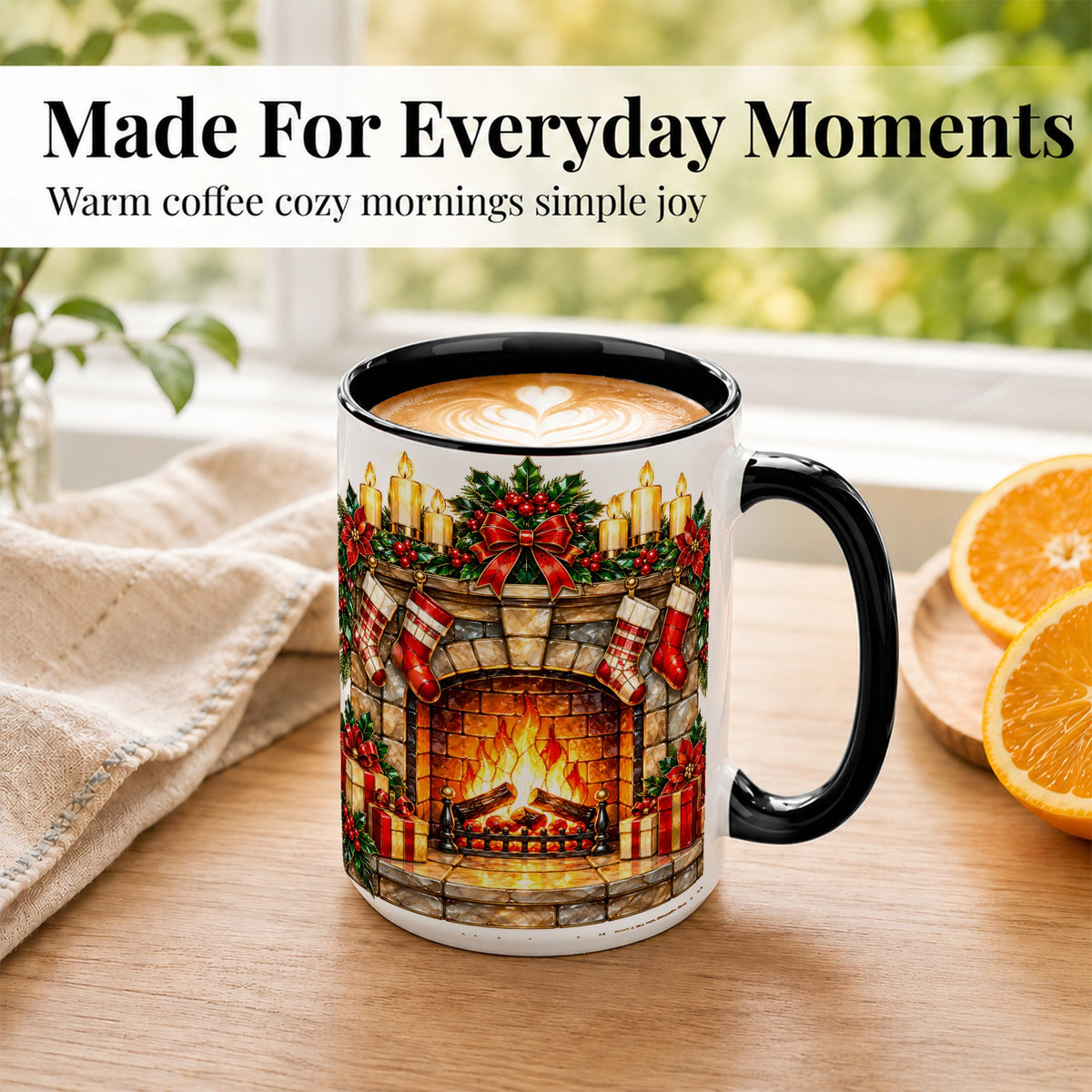 #pl[15oz|Black] Christmas Fireplace Coffee Mug, Holiday Hearth Mug, Ceramic Cup