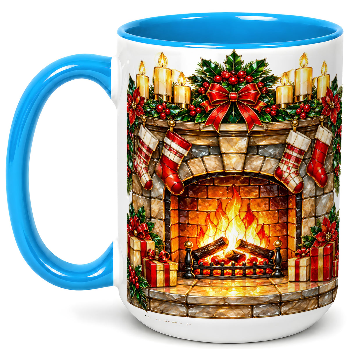 #pl[15oz|Blue] Christmas Fireplace Coffee Mug, Holiday Hearth Mug, Ceramic Cup
