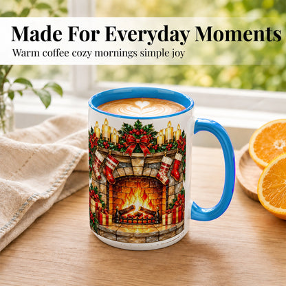 #pl[15oz|Blue] Christmas Fireplace Coffee Mug, Holiday Hearth Mug, Ceramic Cup