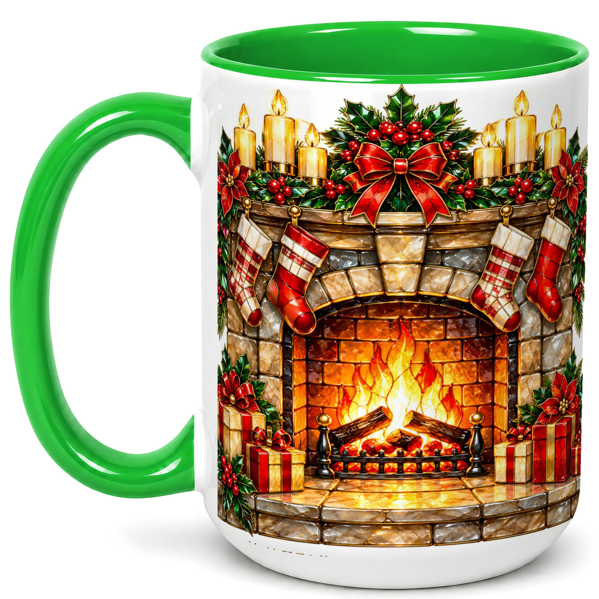 #pl[15oz|Green] Christmas Fireplace Coffee Mug, Holiday Hearth Mug, Ceramic Cup