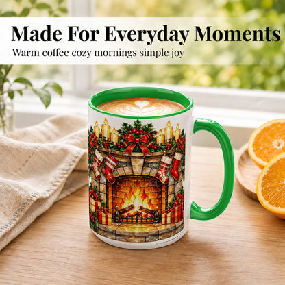 #pl[15oz|Green] Christmas Fireplace Coffee Mug, Holiday Hearth Mug, Ceramic Cup